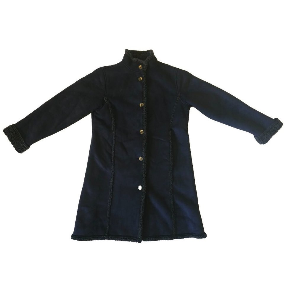LL Bean Sherpa Jacket Womens XS Navy Blue Faux Suede Shearling Lined Button Coat